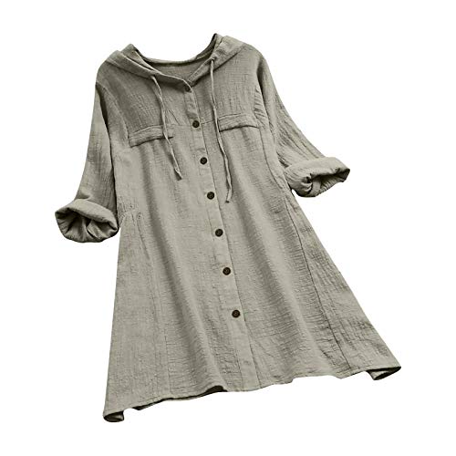Kanpola Linnen blouse met capuchon dames oversized lange mouwen hoodie mini-jurk casual lange blouse losse hemdblouse herfst tops, 10-grijs, 44