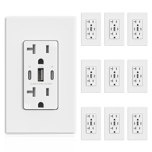 Image of ELEGRP USB Outlets, 30W 6.0 Amp USB C Outlets Receptacles, 3-Port USB Wall Outlet, 20 Amp Tamper-Resistant Outlet with 2 USB C Ports, UL Listed, Screwless Wall Plate Included, 10 Pack, Matte White