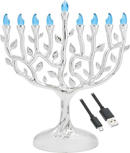 The Dreidel Company LED Electric Silver Hanukkah Tree of Life Menorah - Battery or USB Powered - Includes a Micro USB 4' Charging Cable (2-Pack)