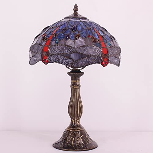 Werfactory Tiffany Lamp Blue Red Stained Glass Dragonfly Style Bedside Table Lamp Desk Reading Light 12X12X18 Inches Decor Nightstand Bedroom Living Room Home Office S688 Series #TOP11