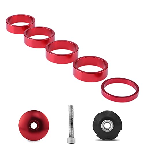 Saipe 9PCS Bicycle Headset Spacer Kit with Stem Top Cap, Long Bolt, Headset Star Nut 1-1/8 inch 28.6mm Aluminium Alloy Bicycle Front Fork Stem Spacers 2mm, 3mm, 5mm, 10mm for MTB BMX Road Bike (Red)