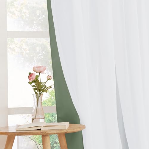Image of PONY DANCE Room Darkening Curtains with Sheer Overlay, 2 Panels | Double Layer Drapes for Living Room, Grommet Thermal Insulated Curtains for Bedroom, 52 x 84 Inch, Sage Green
