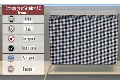 Image of The Furnishing Tree Elastic fit waterproof Polyester window ac cover suitable for Croma 1.5 Ton, Dustproof cover for inner and outer section, In CM: (67.31x66.04x45.72), Checkered Pattern White