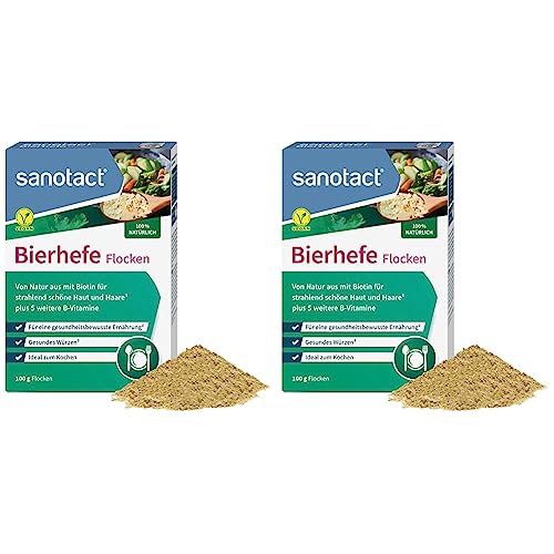 sanotact Bierhefe Flocken • 100g natürliche Bierhefeflocken • Mit Biotin und 6 B-Vitaminen für Haut Haare Nägel • Ideal als veganer Parmesan, zum Kochen, Würzen, etc. (Packung mit 2)