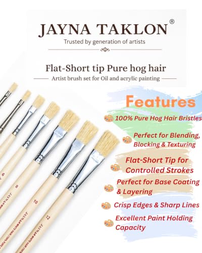 Image of Oil Painting Brush Set, 100% Pure Hog Hair, Flat Tip, 7 Sizes (0, 2, 4, 6, 8, 10, 12), for Acrylic and Oil Paint