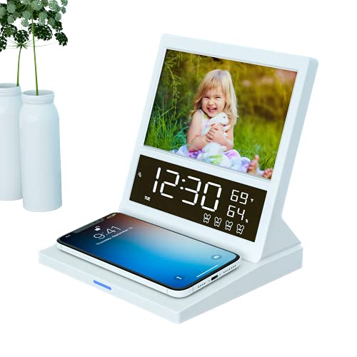 🔥 Hot Deals Digital Alarm Clock FM Radio,15W Wireless Charger Station for iPhone/Samsung Galaxy,5 Level Dimmer,10 Wake Up Sounds,Bedside Night Light,Photo Frame,Temperature Humidity Calendar,LED Clock for Bedroom