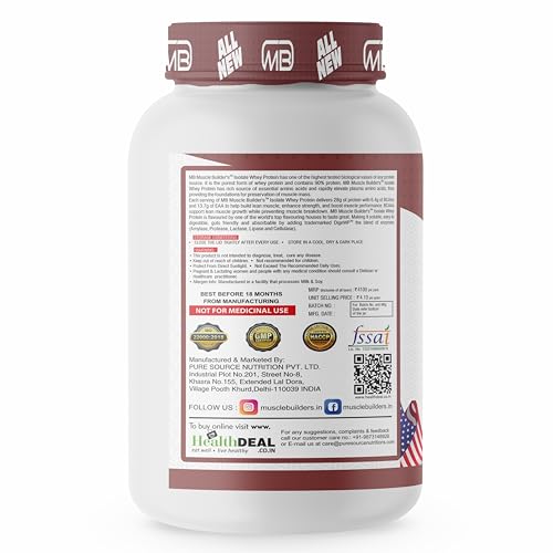 Image of M B Muscle Builder's Whey Protein Isolate 28g Protein, 7g BCAA with added digestive enzymes, Pre Workout or Post Workout, Quick Absorbing & Fast Digesting Whey, Irish Cream Chocolate Flavour, 2lb