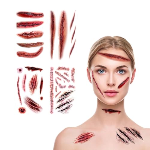 Halloween Body Face Scar Realistic Temporary Tattoos Sticker Horror Realistic Fake Bloody Wound Stitch Scar Scab Waterproof Temporary Tattoo Sticker Masquerade Prank Makeup Props