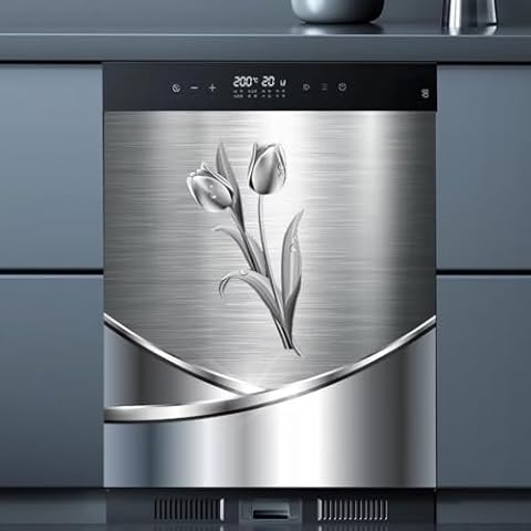 MLGB Tulips Kitchen Decoration Stainless Steel Dishwasher Magnet Cover, Metal Dishwasher Sticker Magnetic Stainless Steel Tulips Refrigerator Door Skin Cover (23" x 26" Magnetic) Cover