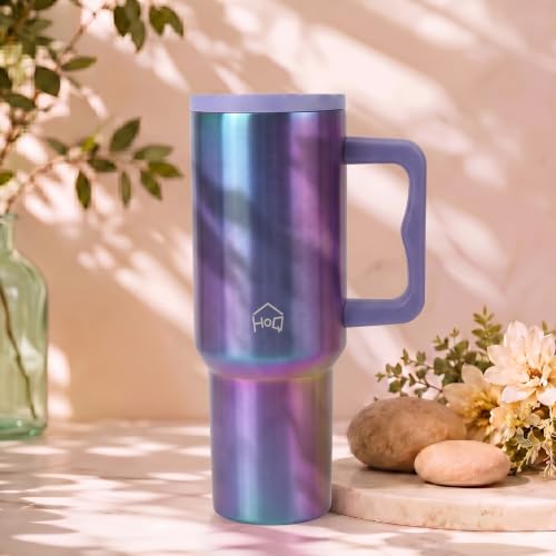 Image of House of Quirk 1200ML Stainless Steel Tumbler with Handle & Lid, 2 Straws - Large Travel Mug Water Cup for Gym, Office & Outdoor Use (Aurora Prism)