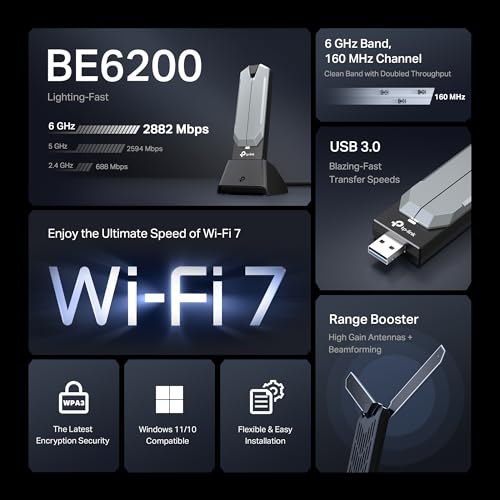 Image of TP-Link BE6200 Tri-Band Wi-Fi 7 Wireless USB 3.0 Adapter Archer TBE401UH | WiFi Adapter for Desktop PC | Supports Windows 11,10 | 2 x High Gain Antennas | 6GHz, 4K-QAM, 160MHz, WPA3 | Secure by Design