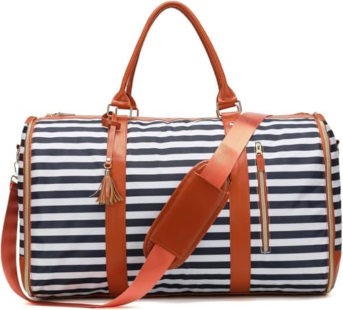 Trendfetchus Foldable Travel Bag, Lightweight Expandable Duffel, Travel Convertible Carry On Garment Bag, Large Capacity Leather (Blue stripes)