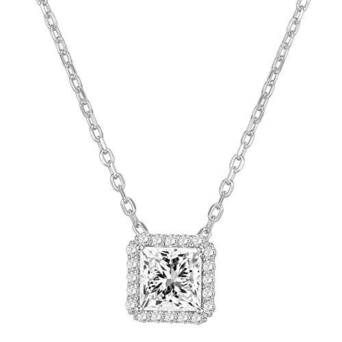 PAVOI 14K Gold Plated Post Faux Diamond Princess Cut Pendant Halo Necklace in White Gold