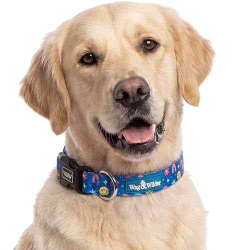 Image of Wag and Wilder Heavy Duty Adjustable Dog Collar for Large Dogs - Quick Release Buckle & Metal D-Ring (Groovy Trails Blue)