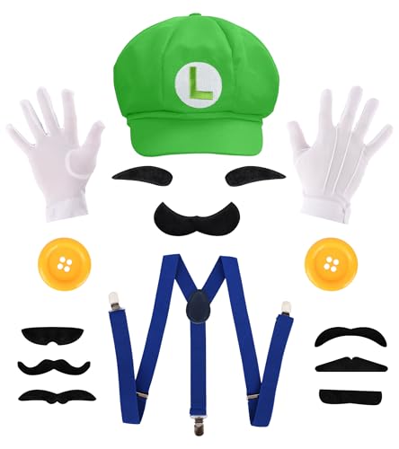 PIIDUOO Luigii Costume Accessories for Adult - Luigii Hat Mustache Gloves Accessories for Adults Male Halloween Cosplay