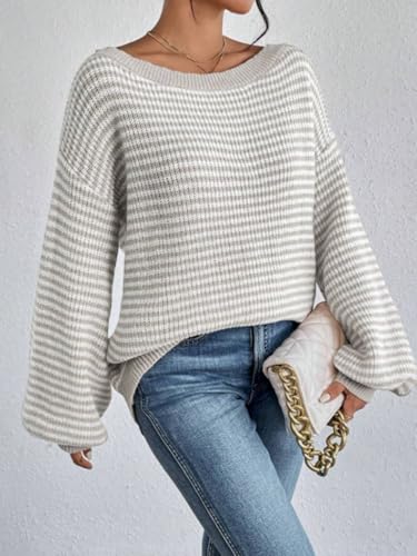 Women's 2024 Fall Winter Striped Sweater Long Sleeve Off Shoulder Loose Knit Pullover Tops2