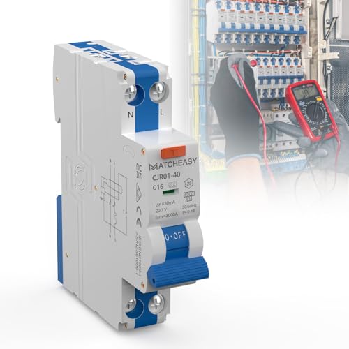 Fi ls Schalter, Fi Schutzschalter 16A, RCBO B16A 30mA, Fehlerstromschutzschalter, RCD Protected Circuit Breaker, Type A, 230V, 1P+N, DIN Rail Mounting, Curve C, Blau