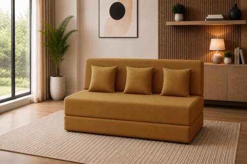 Image of Sofa Cum Bed with Jute Fabric, Convertible Three Seater Sofa Bed 5x6 Ft, Comfortable Cushioned Seating, Space Saving Design for Living Room, Bedroom & Guest Room - Golden Color