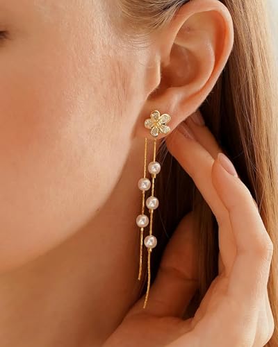 Gold Earrings for Women Trendy 14k Gold Plated Cubic Zirconia Flower Dangle Earrings Hypoallergenic Dainty Pearl Drop Chain Earrings Jewelry Gifts for Her3