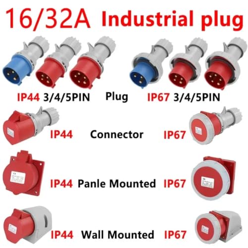 Conector industrial 16A 3P IP44 y base de pared industrial IP67 32A 3