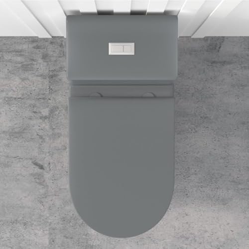 Inodoro de una pieza alargado en gris mate con botón de descarga dorado, doble descarga 1.28 GPF, altura cómoda de 17.25 pulgadas, conexión de 12 pulgadas miniatura 5