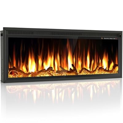 Riseon 50 Inch Electric Fireplace Heater, Recessed in-Wall and Wall-Mounted Linear Heater Fireplace,13 Adjustable Flame Color and 5 Brightness,Touch Screen & Remote Control,1500/750W, Black