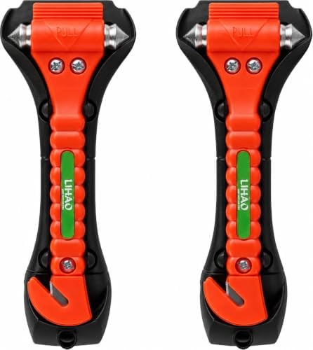 LIHAO Notfallhammer Auto mit Gurtschneider, 2er Set Nothammer | 2-in-1 Scheibenhammer mit Gurtmesser, Karbonstahlspitzen, rutschhemmendem Griff und Halterungen für Fahrer und Beifa