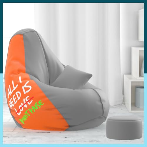 Image of Biggie Bean Bag with Beans Filled 6XL Bean Bag with Free Cushion Footrest - Official : PrintZen Combo (Matching Color : Printed, All I Need is bohot Paise - Orange Grey)