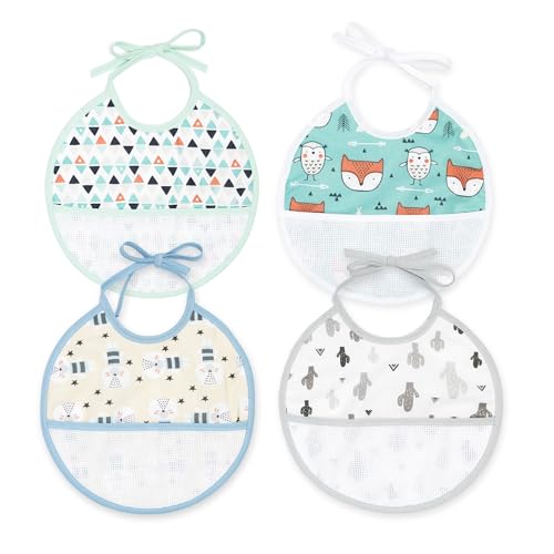 Ti Tin Pack 4 Baberos De Punto De Cruz 100 Algodón Con Tacto Muy Suave. Estampados Surtidos - 20x20 Cm - Baberos De Algodón - Tacto Suave Y Forro De Rizo