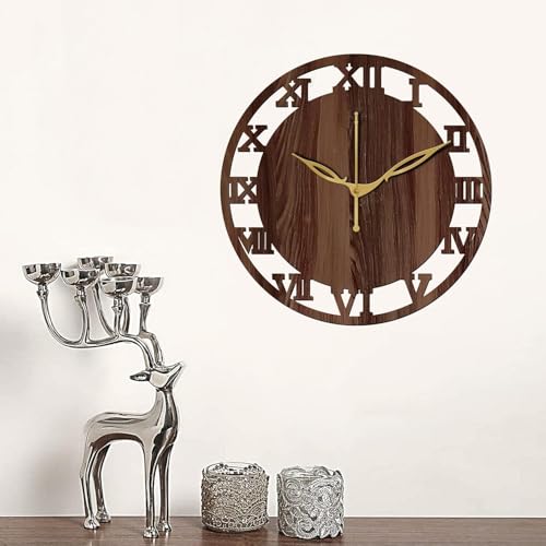 Image of SKYVILLA 12 Inch Wooden MDF Circle Analog Wall Clock with Romans | Silent Quartz Movement | Lightweight Without Glass Design for Home Living Room (Brown)