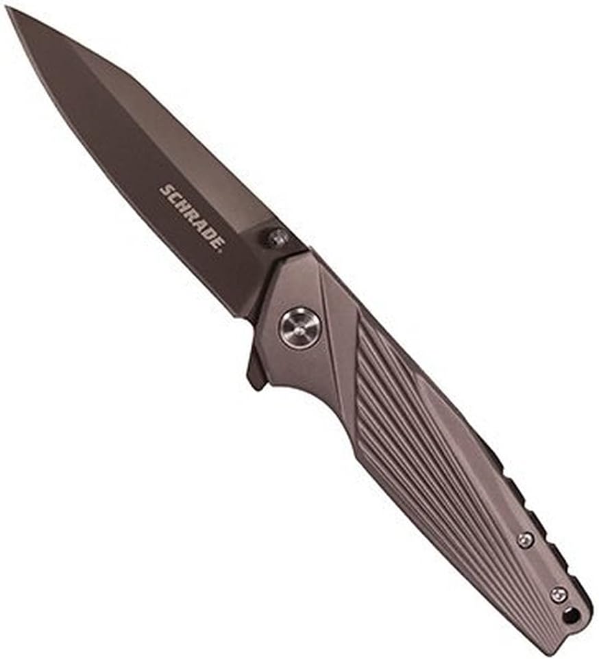 Schrade Ray 8in High Carbon S.S. Ultra-Glide Folding Knife with 3.54in Clip Point Blade and Rubberized Aluminum Handle Outdoor Survival, Camping and EDC