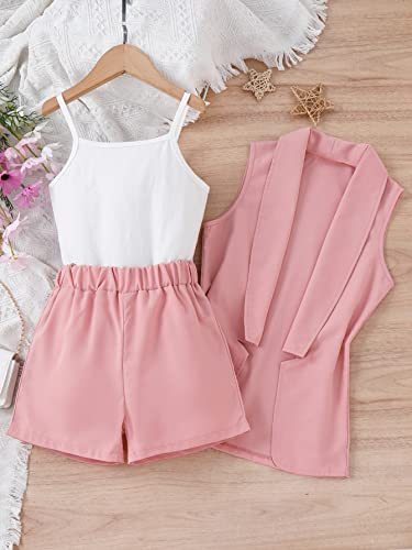 Image of WDIRARA Girl's 3 Piece Set Colorblock Sleeveless Vest Coat with Elastic Waist Shorts Set