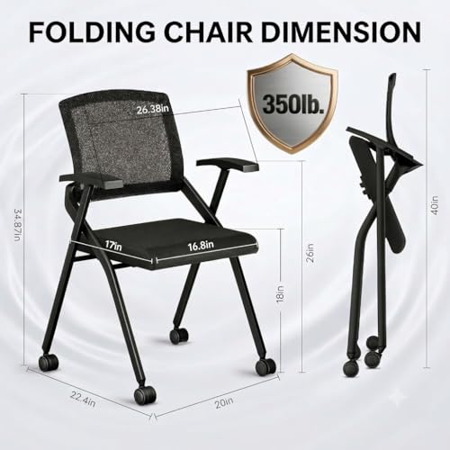 Image of 2 Pack Folding Office Chair on Wheels, Heavy Duty Conference Room Chair | Nesting Rolling Training Chairs, Lumbar Support, Mesh back, Padded Seat, Meeting, Commercial Guest Reception, Classroom