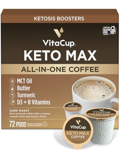 VitaCup Keto Max Dark Roast Coffee Pods, Ketosis & Energy, Butter, MCT Oil, Turmeric, B Vitamins, D3, All-In-One Keto Recyclable Single Serve Pod Compatible w/Keurig K-Cup Brewers,72 Ct