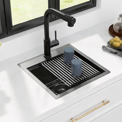 Image of Kichae Black Drop In Bar Sink- 18x18 Small Overmount Topmount Stainless Steel RV Sink Single Bowl Ledge Workstation Bar Prep Handmade Basin