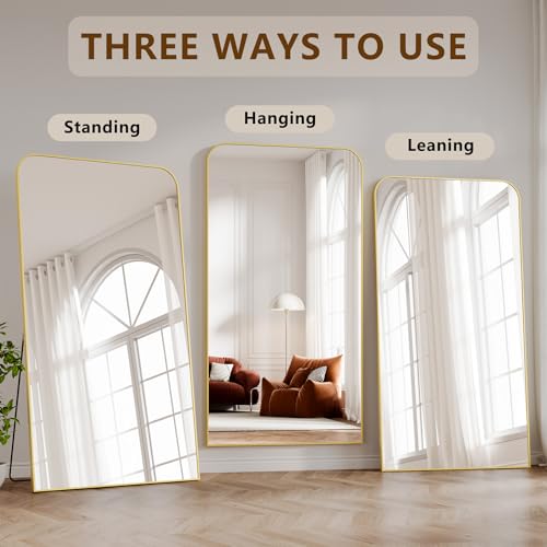 Image of Koonmi Full Length Mirror, 86 inchx40 inch Mirror Full Length with Stand, Gold Domed Top Square-Edged Floor Mirror with Aluminum Alloy Frame for Bedroom Living Room