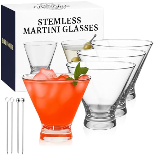 BELLAFORTE Stemless Plastic Martini Glasses Set of 4, 10oz Unbreakable Tritan Cocktail Glasses...