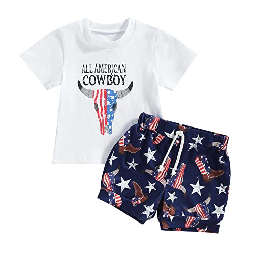 Image of 4th of July Baby Boy Outfit All American Cowboy T-Shirt Jogger Shorts Set Toddler Boy Summer Western Clothes