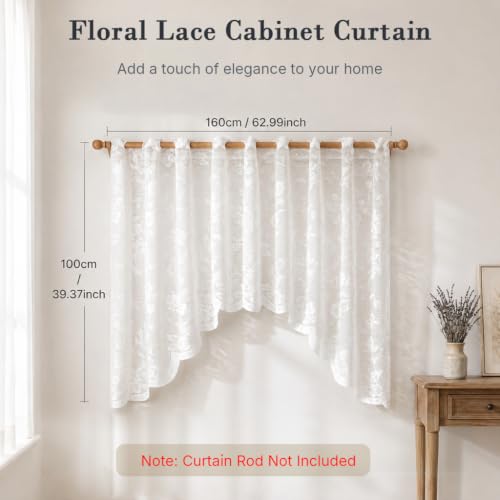 Image of HASTHIP Lace Arched Sheer Curtain Embroidered Rod Pocket Tier | Lightweight and breathable, delicate lace embroidery pattern and machine washable for easy daily maintenance