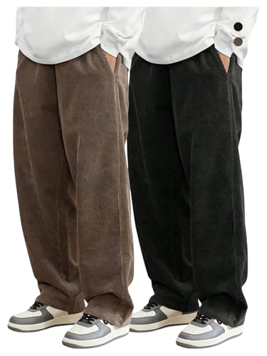 SOLY HUX Men's 2 Piece Corduroy Pants Drawstring Elastic Waist Straight Leg Baggy Pants with Pockets