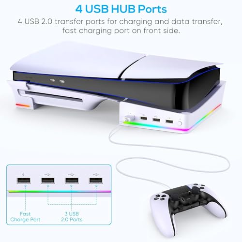Image of New World RGB Horizontal Stand for PS5 Slim Console Accessories with 14 Light Mode and 4 USB Hubs, Side Stand for Playstation 5 Slim Disc & Digital, Base Holder with Fast Controller Charging