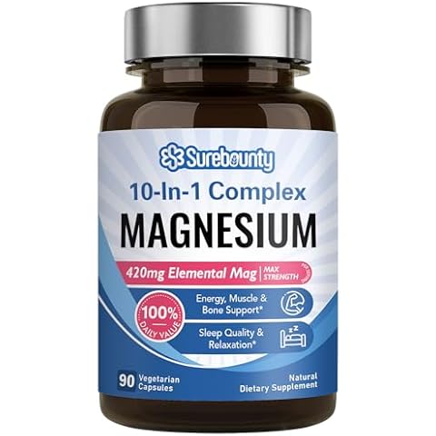 Surebounty Magnesium Complex, 10-in-1 Formula, 420mg Elemental Mag Per Serving, Magnesium Glycinate, Malate, Citrate, High Absorption, Bone, Muscle & Relaxation, 90 Caps Cover