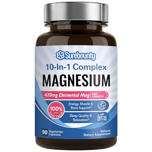 Surebounty Magnesium Complex, 10-in-1 Formula, 420mg Elemental Mag Per Serving, Magnesium Glycinate, Malate, Citrate, High Absorption, Bone, Muscle & Relaxation, 90 Caps