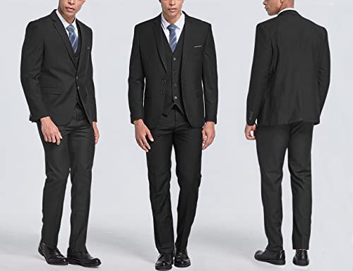 My's Men's 3 Piece Slim Fit Suit Set, 2 Button Blazer Jacket Vest Pants With Tie, Solid Wedding Dress Tux And Trousers Black #TOP3