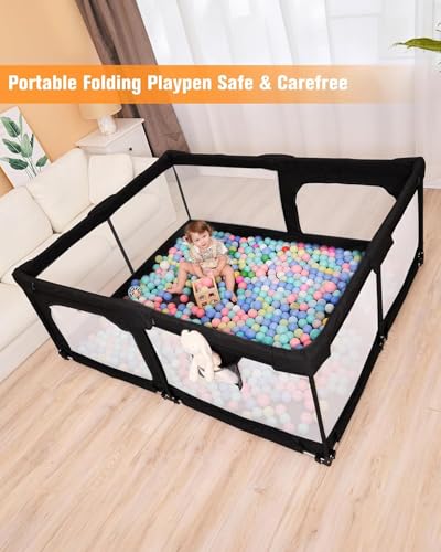 Image of Veraste Foldable Baby Playpen with Gate, Extra Large Collapsible Play Yard for Babies & Toddlers, Portable Travel Playpen, Baby Activity Center for Indoor & Outdoor Use (Black 51 inchx51 inch)