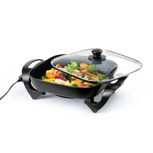 Holstein Housewares 12-Inch Electric Skillet - 1400W Electric Pan with Adjustable Temperature Control, PFOA-Free Non-Stick Coating, Cool-Touch Handles, Multi-Function Cooker, Black