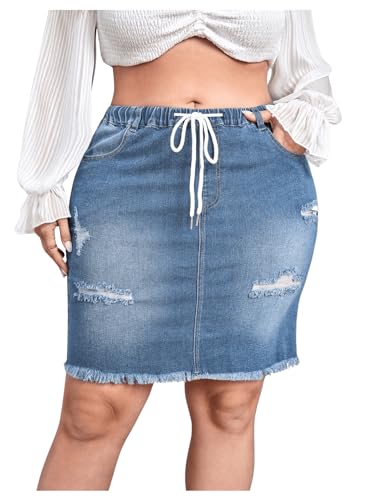 MakeMeChic Women's Plus Size Denim Skirt High Waisted Elastic Drawstring Waist Raw Hem Ripped Vintage Short Jean Skirt