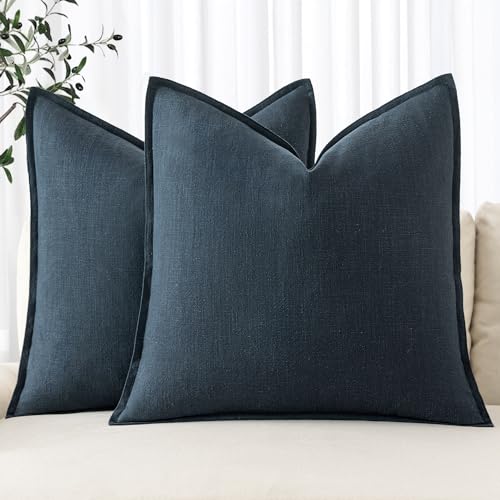Image of MIULEE Decorative Linen Pillow Covers 18x18 Inch Deep Blue Boho Farmhouse Neutral Couch Throw Pillows for Bed Pack of 2 Accent Coastal Modern Pillowcase Summer Sofa Livingroom Home Decor