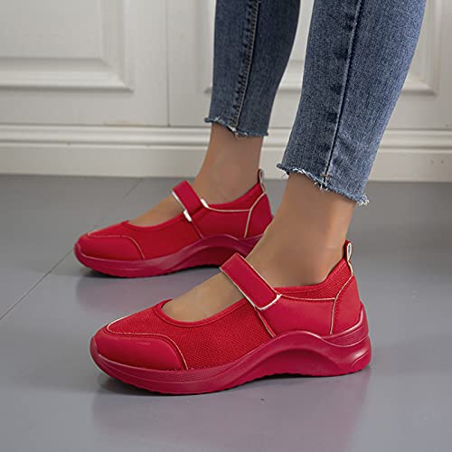 Women's Casual Platform Mesh Mules Sneaker Nurse Shoes Mary Jane Shoes Comfortable Summer Breathable Non-Slip Walking Sandals,Red,US9/EU40