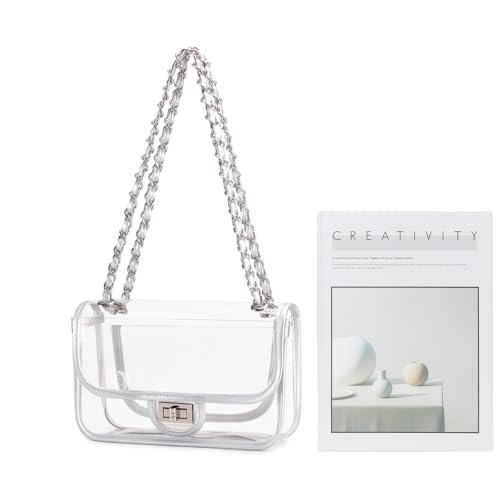 Image of Womens PVC Clear Purse Handbag with Chain Stadium Approved Clear Bag See Through Bag for Working and Concert